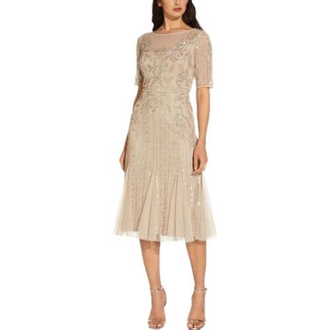 Adrianna Papell Womens Beige Beaded Midi Cocktail And Party Dress 14