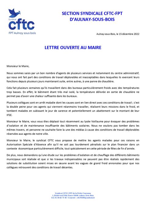 La Cftc Alerte Le Maire Daulnay Sous Bois Sur Les Conditions De