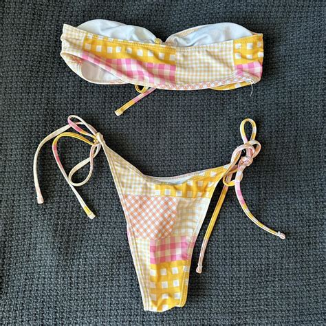 Pink And Yellow Bikini Set Super Cute Patchwork Depop