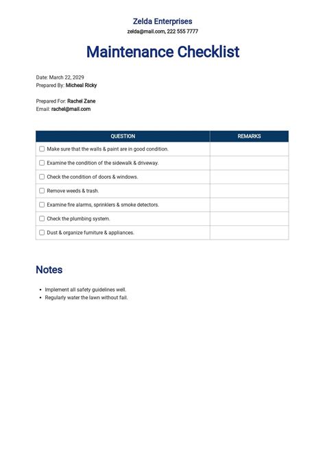 Printable Preventive Maintenance Forms