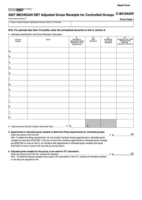 Fillable Form C Agr Michigan Sbt Adjusted Gross Receipts For