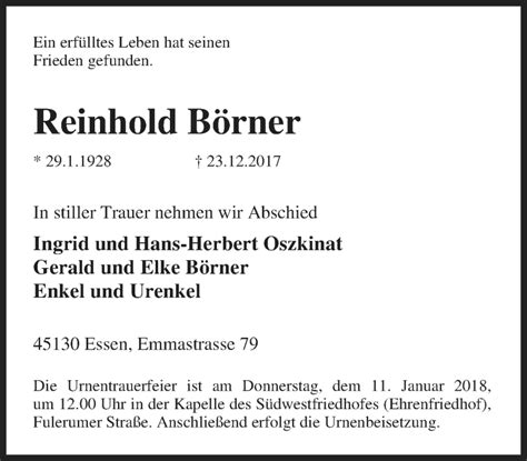 Traueranzeigen von Reinhold Börner Trauer in NRW de