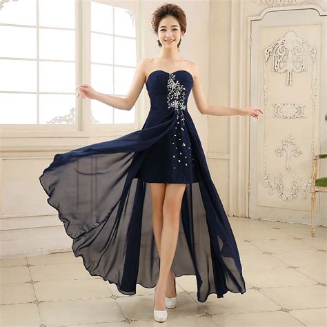 Short Front Long Back Evening Dresses 2017 Navy Blue High Low Crystal ...