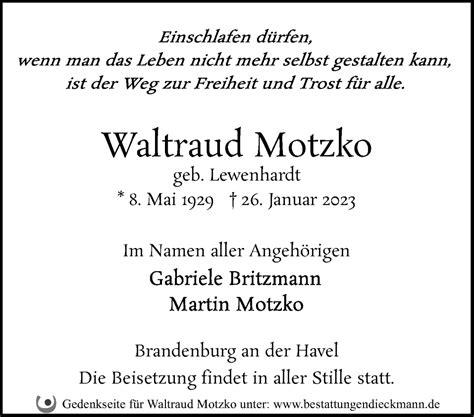 Traueranzeigen Von Waltraud Motzko M Rkische Onlinezeitung Trauerportal