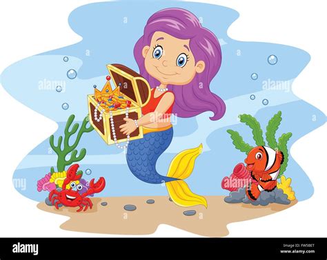 Cartoon Funny Mermaid Holding Treasure Chest With Underwater Stock