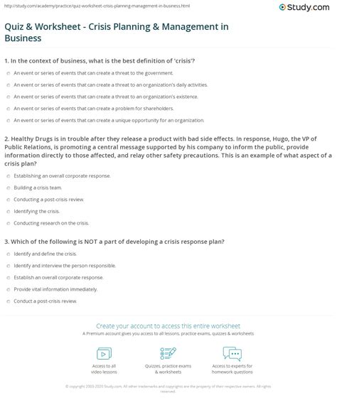 Quiz And Worksheet Crisis Planning And Management In Business