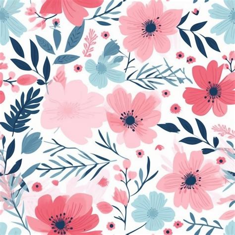 A Floral Pattern With Pink And Blue Flowers On A White Background