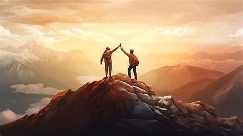 Premium Photo Couple Of Climbers Standing On Top Of A Mountain And