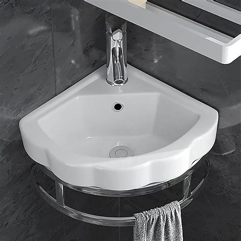 Small Wall Mount Corner Bathroom Sink And Faucet Combo With Overflow Triangle White