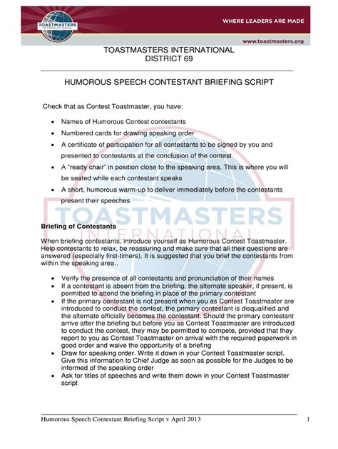 Fillable Online HUMOROUS SPEECH CONTESTANT BRIEFING SCRIPT Fax Email