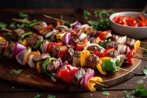 Premium AI Image | Skewers of grilled beef onions and peppers ready to ...