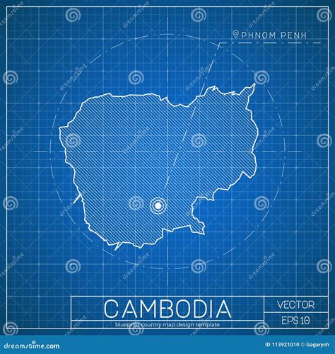 Cambodia Blueprint Map Template With Capital City Stock Vector