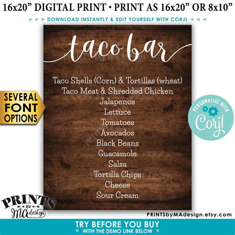 Taco Bar Menu Sign Fiesta Party Menu Custom Printable X X