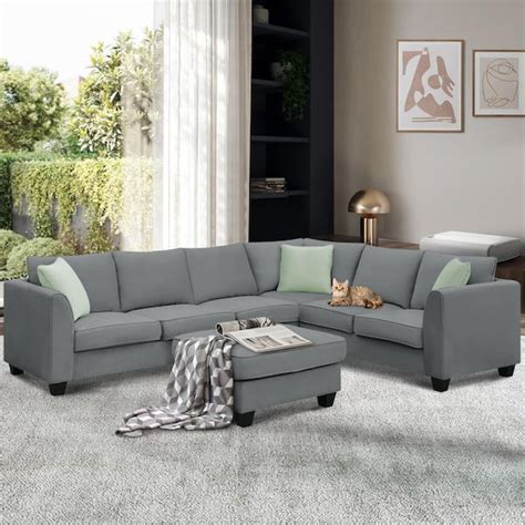 Nestfair 112 in. 3-Piece Fabric Upholstered Sectional Sofa Set in Gray ...