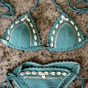 Crochet Bikini Set Deep Turquoise Blue Green With Natural Seashells Etsy