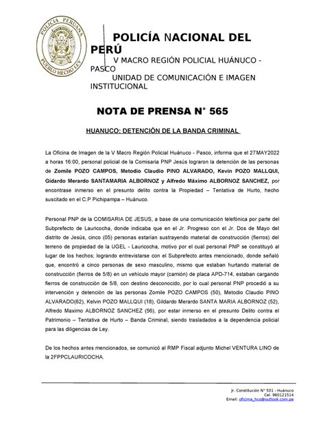 Informe Banda Criminal Polic A Nacional Del Per V Macro Regi N