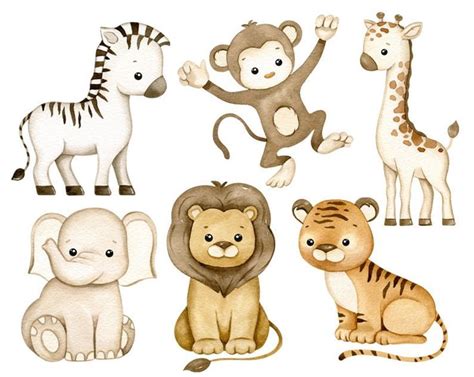 Safari Animals Watercolor Clipart, Jungle Animals Clip Art, Neutral ...