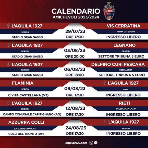 Calendario Amichevoli Precampionato 2023 24 L Aquila 1927