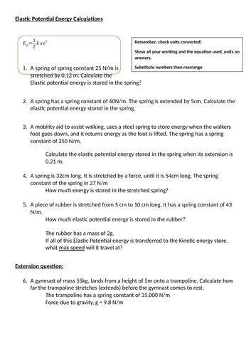 Aqa Gcse Energy Elastic Potential Energy Teaching Resources