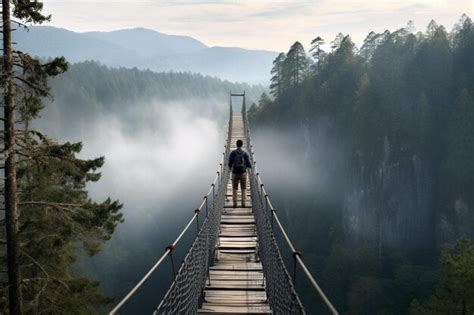 Premium AI Image A Man Walks Across A Suspension Bridge In The Fog