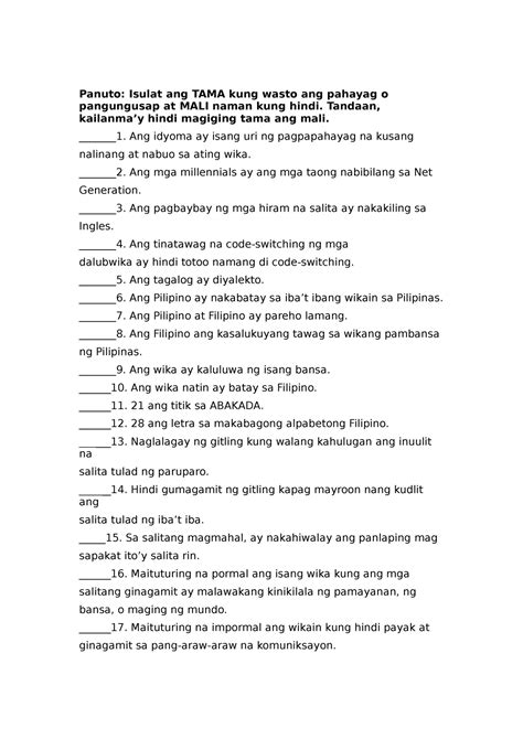 Isulat Ang Salitang Tama Kung Wasto Ang Pahayag Ng Pangungusap At Mali