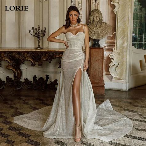 Lorie Vestido De Novia De Sirena Con Tirantes Finos Sexy Tul Brillante