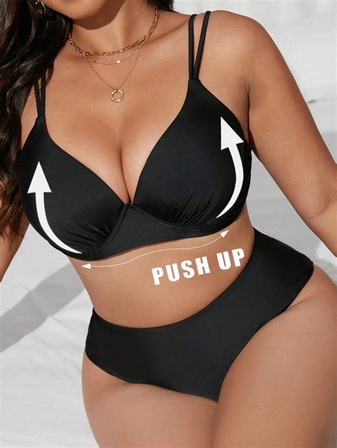 Swim Lushoire Women S Plus Size Solid Color Underwire Push Up High Waist Bikini Set Adjustable