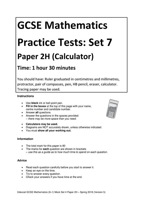 Practice Set 7 Paper 2h Maths Edexcel GCSE Mathematics 91 Mock