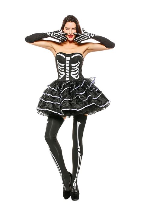 Halloween Cosplay Costume Skull Skeleton Scary Costume Tube Tutu Fancy Dress Glove Stocking