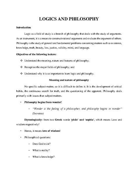 Logics And Philosophy Lecture Notes Logics And Philosophy