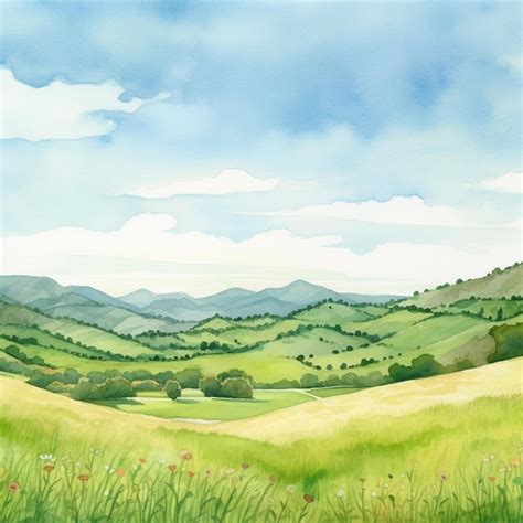 Premium Photo Painting Of A Green Field With Hills And Flowers In The