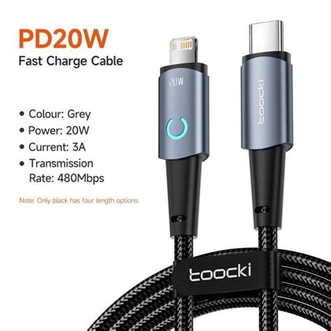 Toocki câble USB type c PD LED pour recharge rapide et transfert de