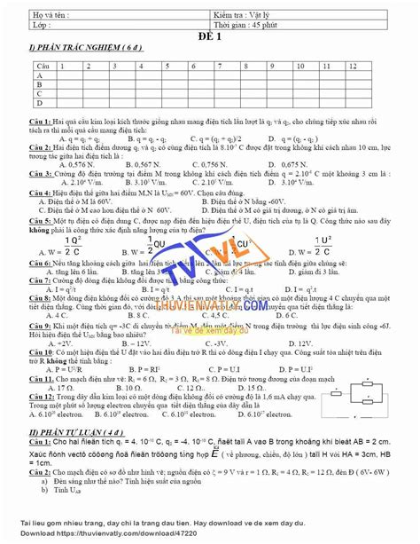 [doc] Đề Kiểm Tra 1 Tiết Vật Lí 11 Học Kì 1 Thư Viện Vật Lý