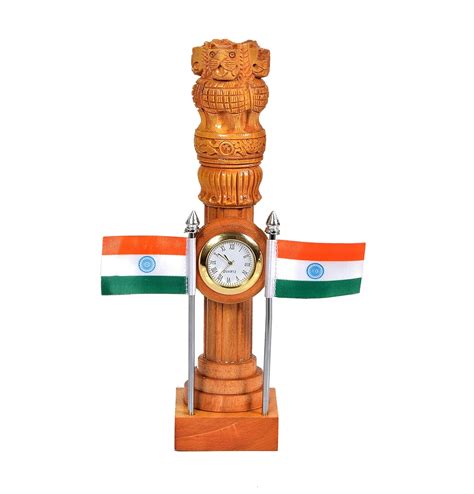 Aona Wooden Ashoka Stambh Pillar With Flags Clock For Office And