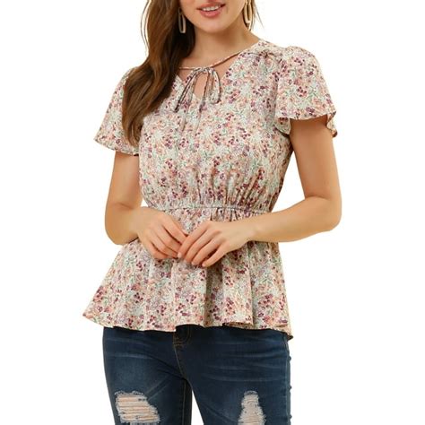 Allegra K Womens Floral Print Short Sleeves High Waist Tie Neck Peplum Top