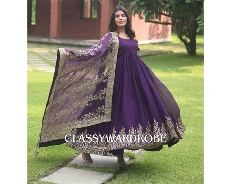 Purple Designer Party Wear Dress With Long Flare Georgette Sequence