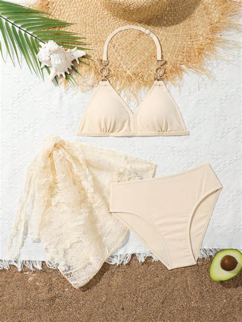 Tween Girl Summer Beach Bikini Set With Neck Ring Decoration Matching Tied Skirt SHEIN USA