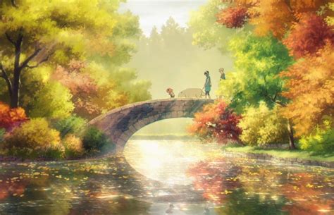 Two People Walking Across A Bridge Over A River In The Fall With Leaves