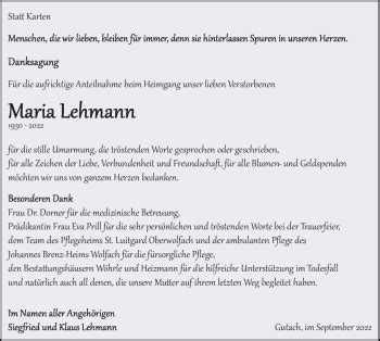 Traueranzeigen Von Maria Lehmann Schwarzw Lder Bote Trauer