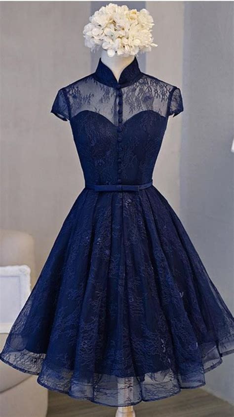 Retro A Line High Neck Short Sleeve Knee Length Navy Blue Lace