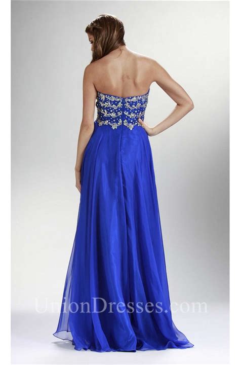 Flowing Strapless Long Royal Blue Chiffon Beaded Prom Dress