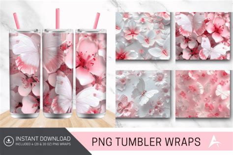 7 3d Pink Butterfly Flowers With White Tumbler Wrap Designs And Graphics