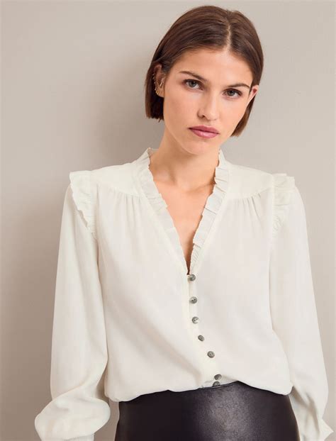 Stella Silk Frill V Neck Long Sleeve Shirt In Cream
