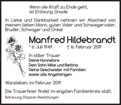 Traueranzeigen Von Manfred Hildebrandt Abschied Nehmen De