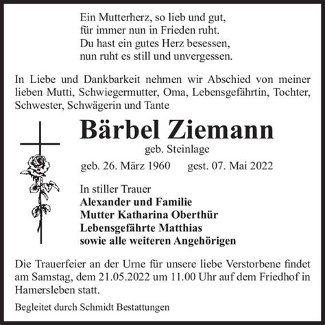 Traueranzeigen Von B Rbel Ziemann Geb Steinlage Abschied Nehmen De