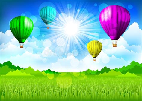 Fantasy Landscape With Road And Hot Air Balloons Stock Vector