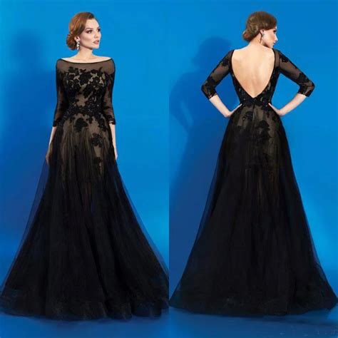 2017 Black A Line Evening Dresses With Boat Neckline Appliques Beaded