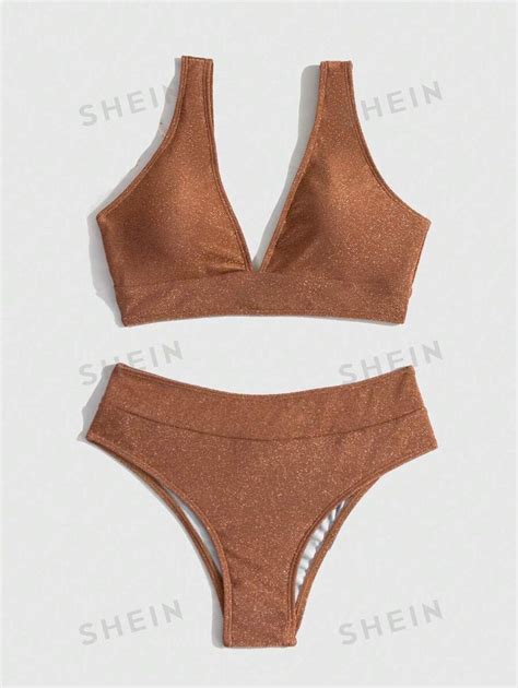 Shein Swim Vcay Summer Beach Plain V Neck Bra Swim Bottom Bikini Set