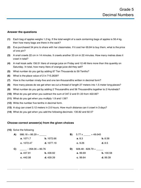 Grade 5 Decimal Numbers Pdf