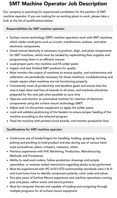 SMT Machine Operator Job Description | Velvet Jobs